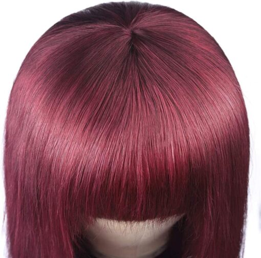burgundy wig long straight hair with blunt bangs