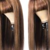 Brown Highlight Wig Blunt Bangs Long Straight Hair