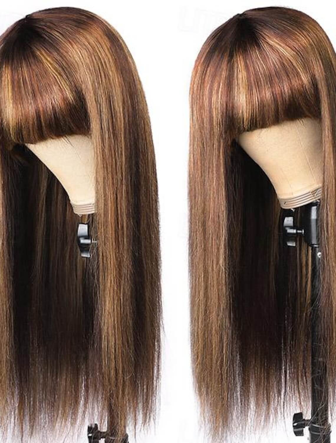 Brown Highlight Wig Blunt Bangs Long Straight Hair