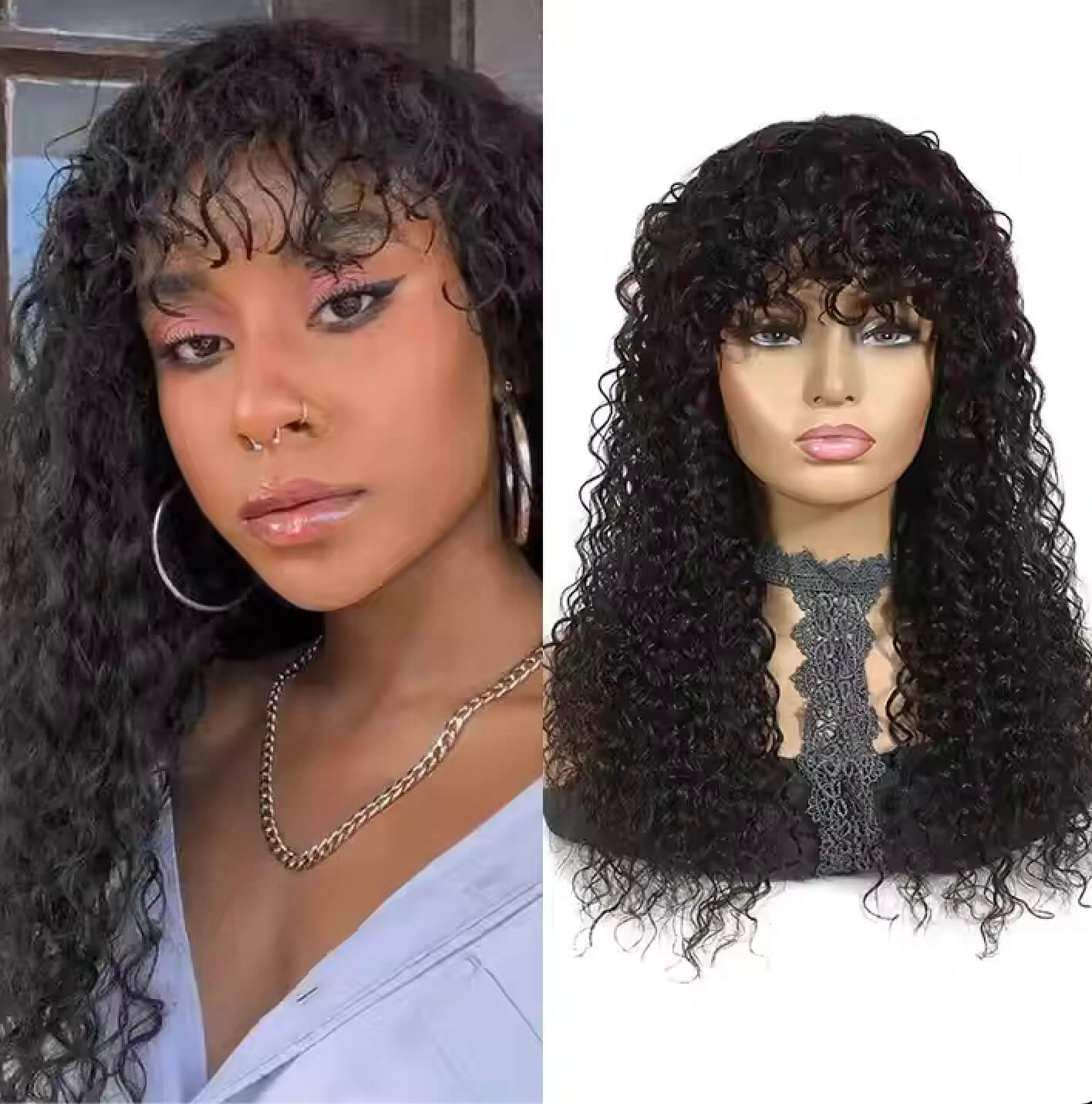 Afro Kinky Curly Wig with Bangs Human Hair Natural Volume