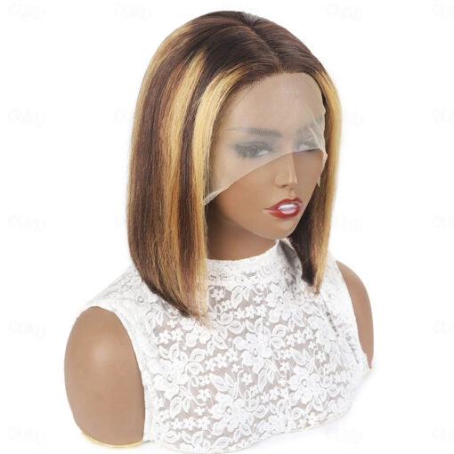 Honey Blonde Bob Wig with Highlights T Lace Front Sleek