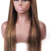 Brown Highlight Wig Blunt Bangs Long Straight Hair