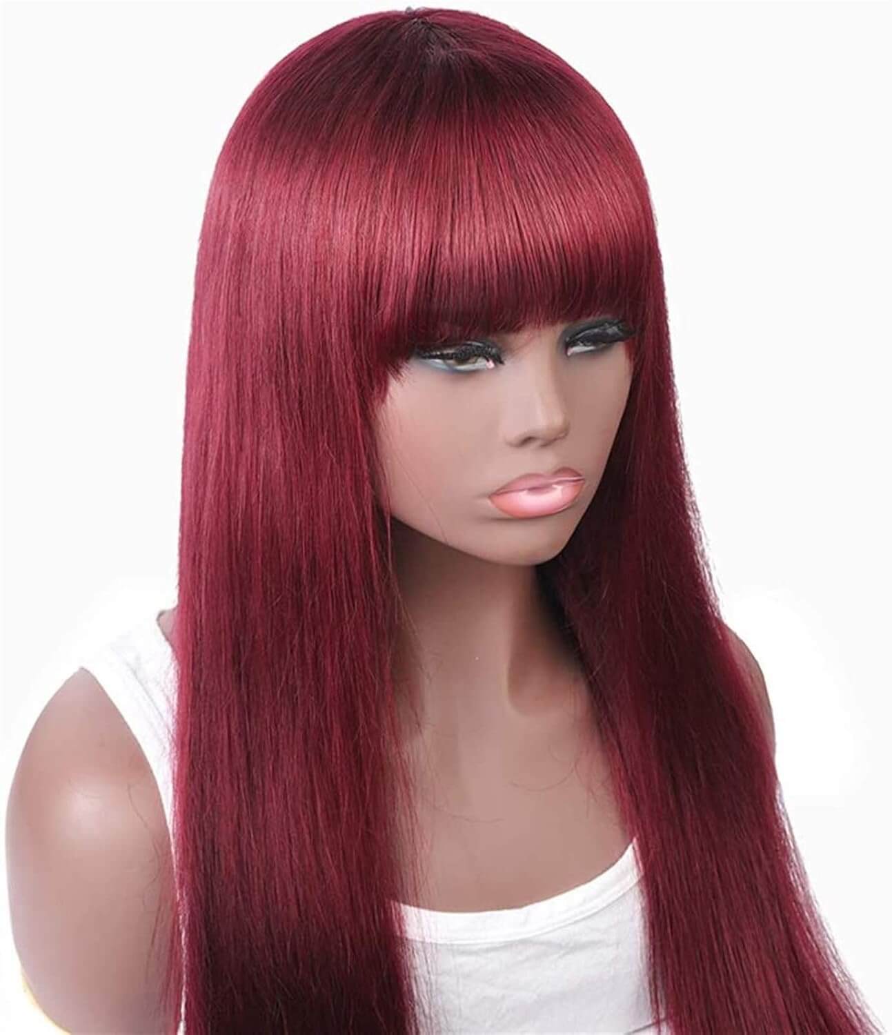 burgundy wig long straight hair with blunt bangs