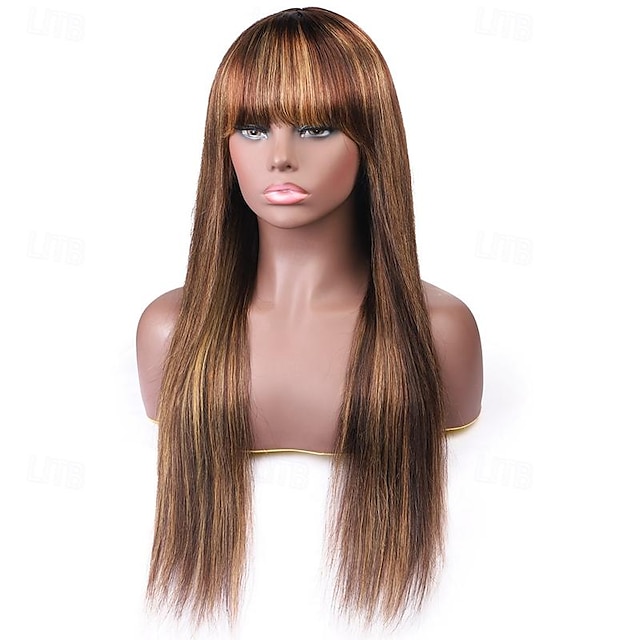 Brown Highlight Wig Blunt Bangs Long Straight Hair