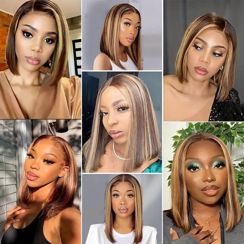 Honey Blonde Bob Wig with Highlights T Lace Front Sleek