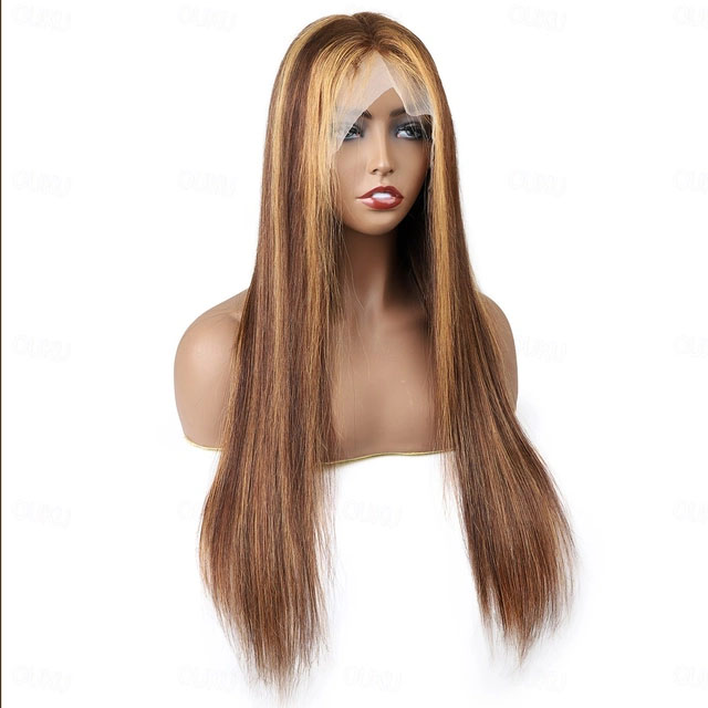 Honey Blonde Wig with Highlights Straight Sleek Human Hair