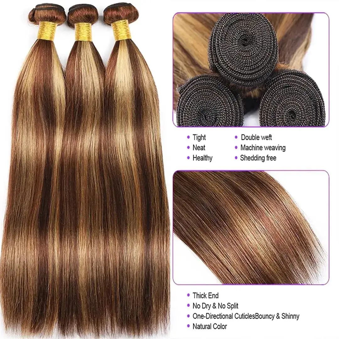 Honey Brown Straight Bundles with Highlights Human Hair