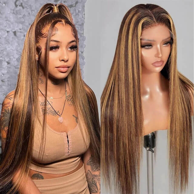 Honey Blonde Wig with Highlights Straight Sleek Human Hair