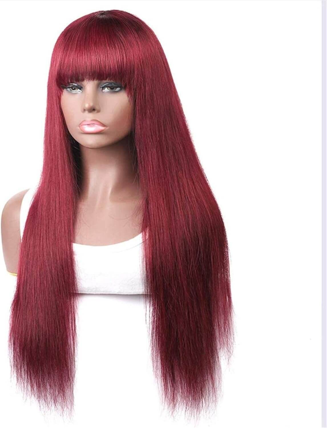 burgundy wig long straight hair with blunt bangs