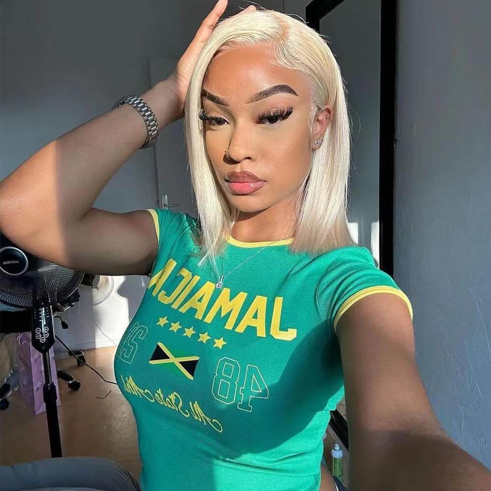 Bob Cut Blonde Wig T Lace Human Hair Natural Shine Sleek