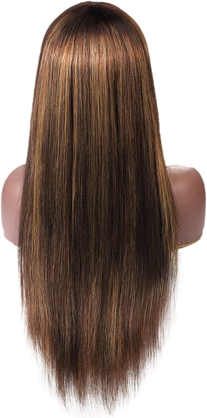 Brown Highlight Wig Blunt Bangs Long Straight Hair