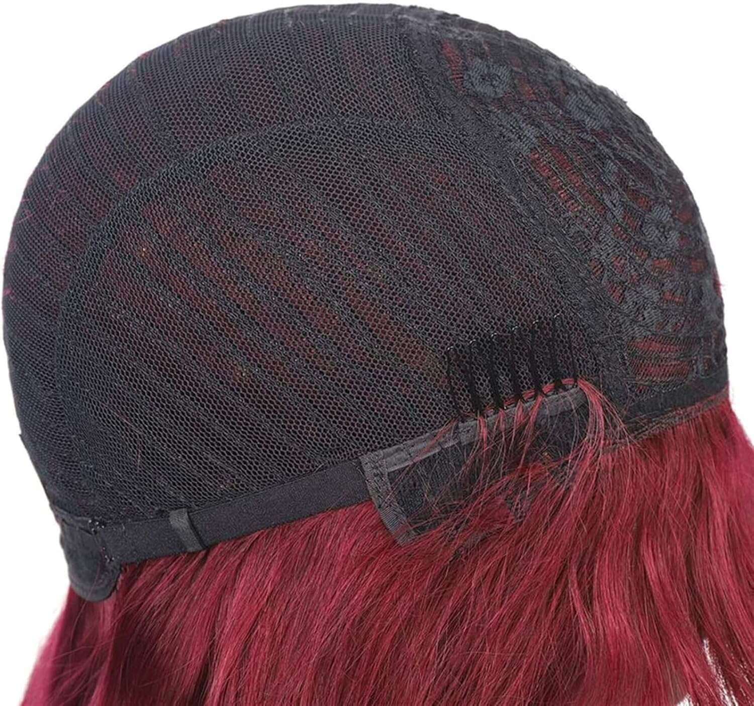 burgundy wig long straight hair with blunt bangs