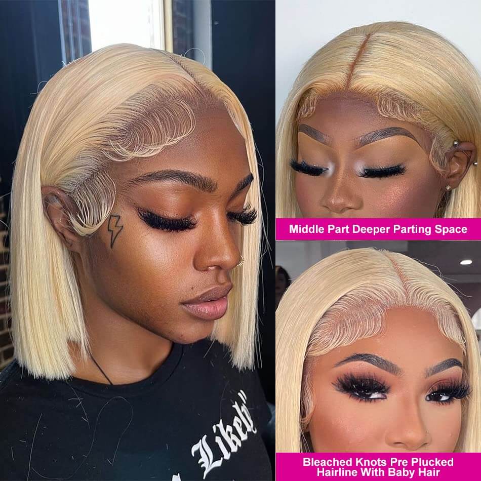 Bob Cut Blonde Wig T Lace Human Hair Natural Shine Sleek