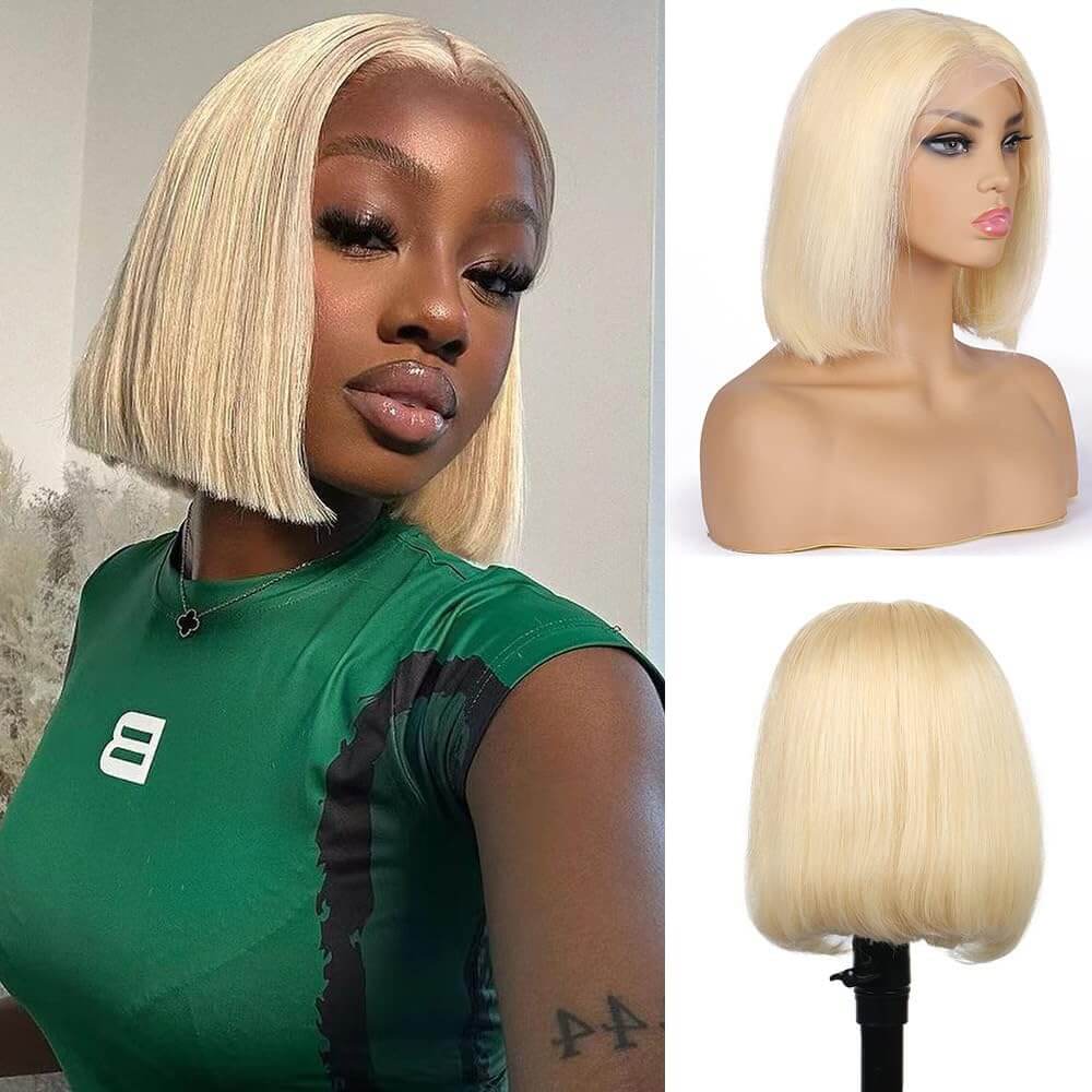 Bob Cut Blonde Wig T Lace Human Hair Natural Shine Sleek