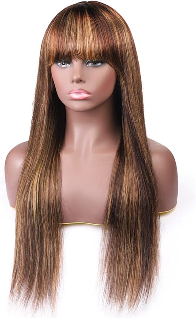 Brown Highlight Wig Blunt Bangs Long Straight Hair