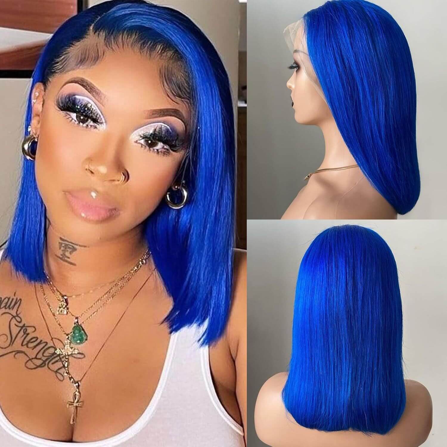 Blue Bob Cut Wig 13x4 Lace Frontal Bold Sleek Human Hair