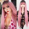 Stunning Pink Cosplay Wig Long Hair with Blunt Bangs