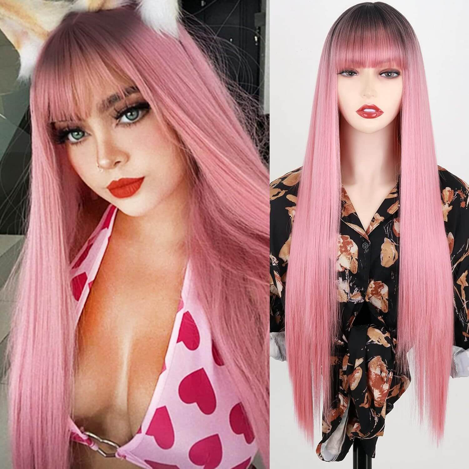 Stunning Pink Cosplay Wig Long Hair with Blunt Bangs