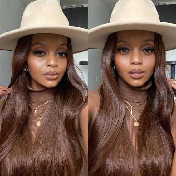 Long Straight Brown Wig Sleek Human Hair Look Natural Shine