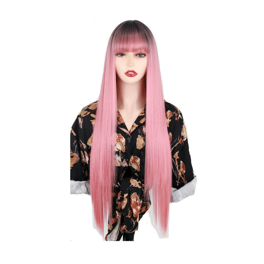 Pink Cosplay Wig long hair with blunt bangs