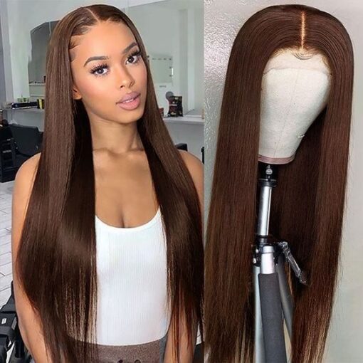 Long Straight Brown Wig Sleek Human Hair Look Natural Shine
