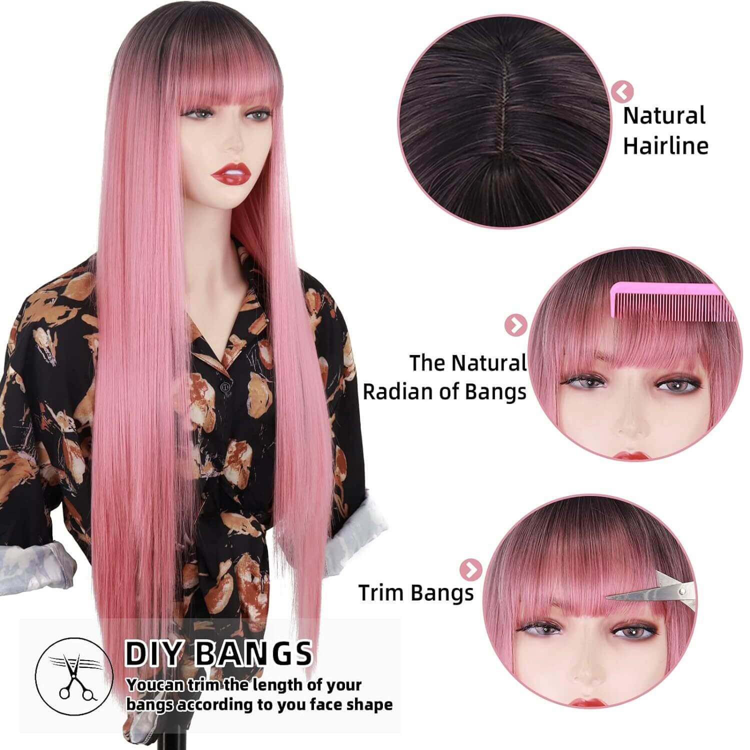 Stunning Pink Cosplay Wig Long Hair with Blunt Bangs