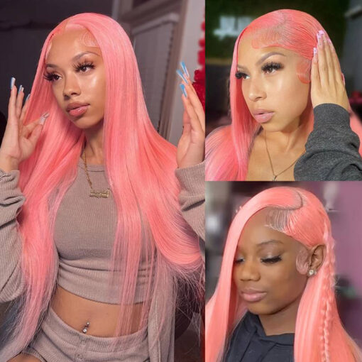 Long Pink Wig 13x4 Lace Front Sleek Pastel Glamour Natural