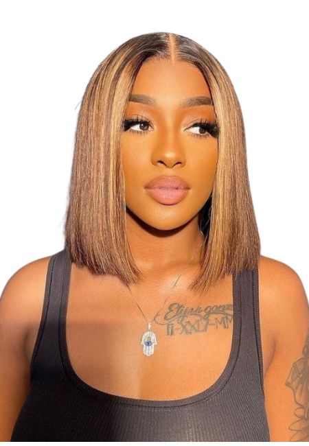 Honey Blonde Bob Wig with Highlights T Lace Front Sleek