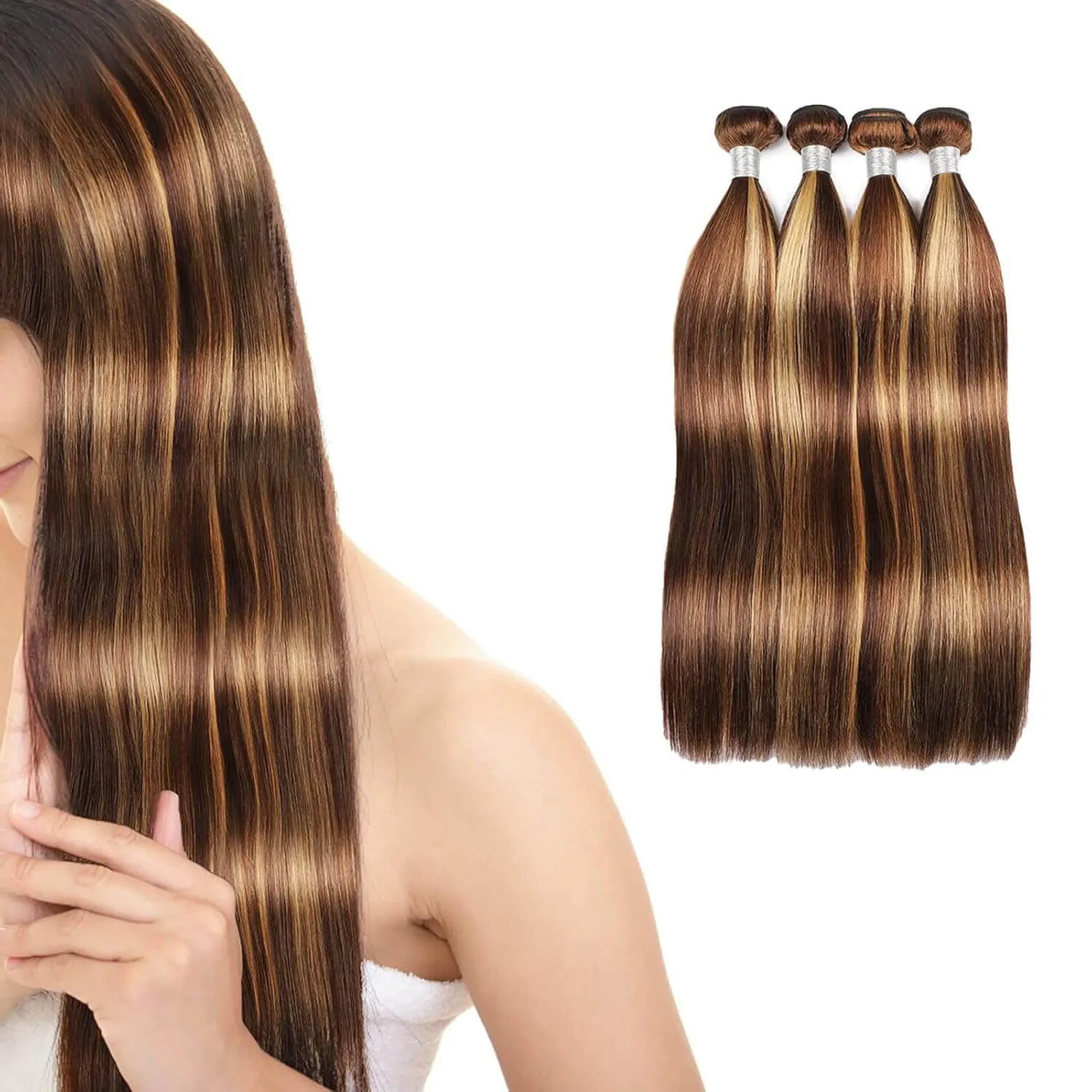 Honey Brown Straight Bundles with Highlights Human Hair