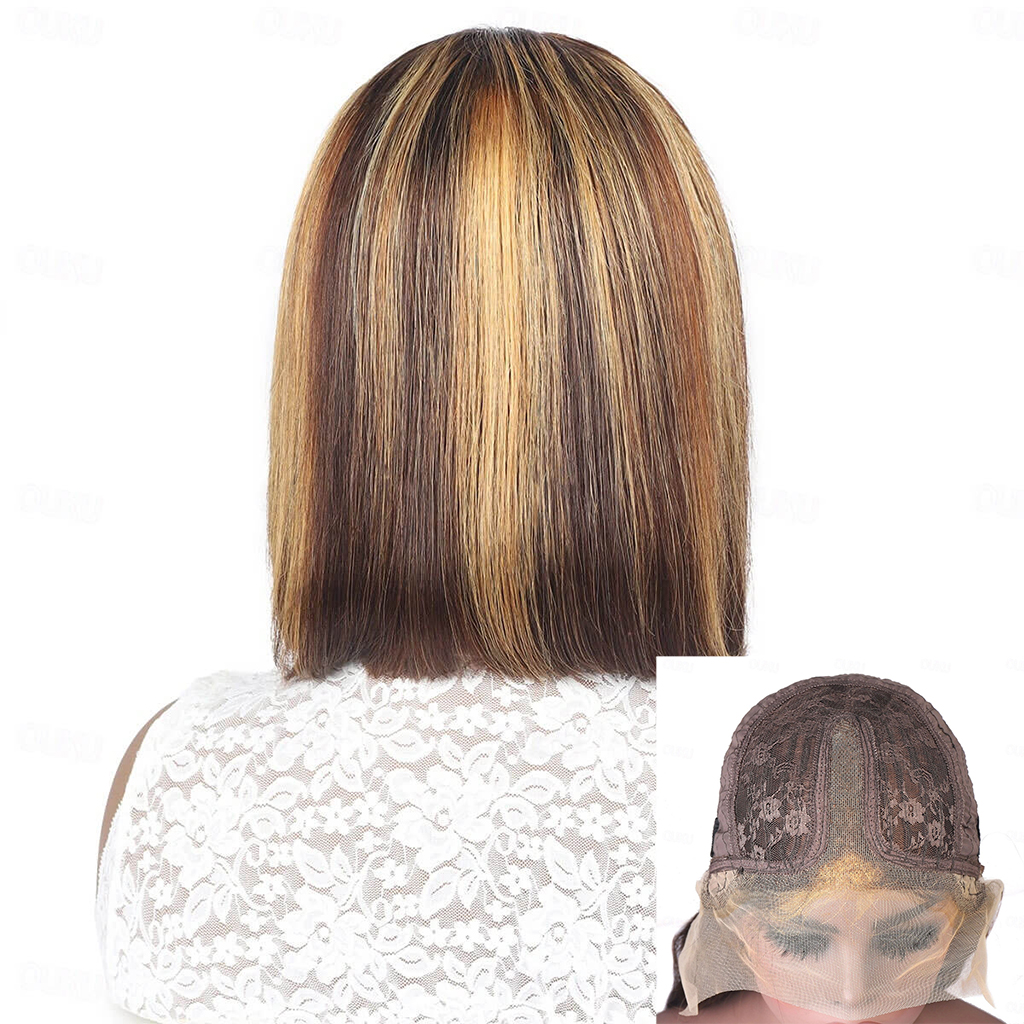 Honey Blonde Bob Wig with Highlights T Lace Front Sleek T